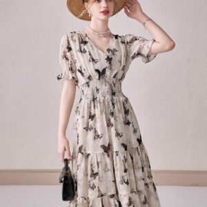 V-neck Puffed-sleeve Floral-print Midi Dress
