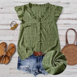 New Women's V-neck Ruffled Short-sleeve Blouse Loose-fit Figure-